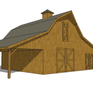 14x30 Dairy Barn Plans 19 D rendering of a 46x30 gambrel barn with pine finish, steel roof, and side lean-tos