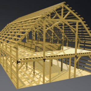 3D rendering of a 40x60 gambrel barn frame in natural pine on a dark gray background