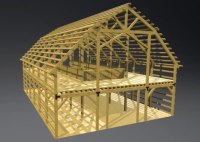 3D rendering of a 40x60 gambrel barn frame in natural pine on a dark gray background