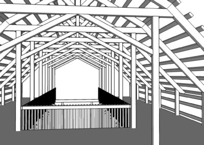 3D SketchUp rendering of a 40x60 wedding barn with handrails in white and gray