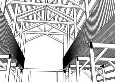 Low angle 3D SketchUp rendering of a 40x60 wedding barn with handrails in white and gray
