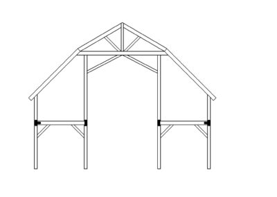 Timber frame bent for a 40x60 wedding barn showing white and gray structural framing.