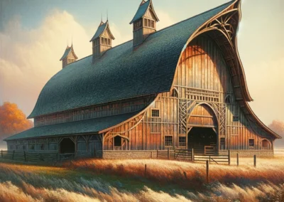 An early 20th-century barn featuring a gently curved roofline that merges gothic style with traditional barn architecture. The barn is constructed with sturdy wooden beams, demonstrating both strength and historical charm. It is situated in a serene, rural landscape with a clear sky above and a field of tall grass in the foreground. Autumn foliage in the background hints at the barn's natural setting.